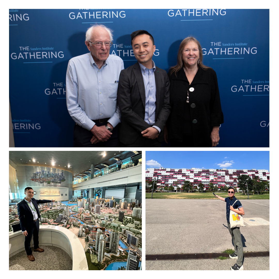 Collection of photos, Asm. Lee with Bernie Sanders and Jane Sanders for a summit, Asm. Lee at Social housing delegations to Singapore and Vienna