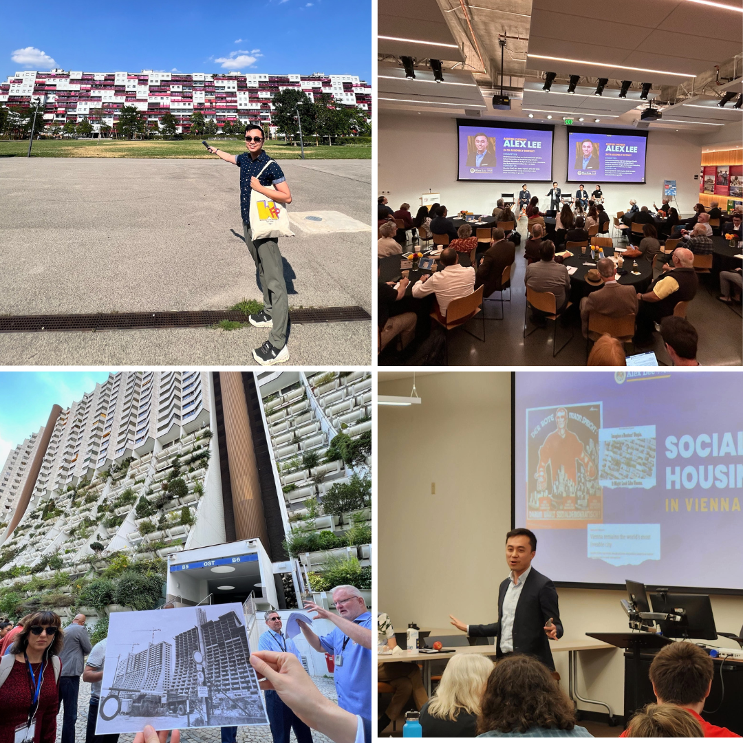 Left: Social housing delegation to Vienna. Right: Presenting on social housing to housing advocates, policymakers, and students.