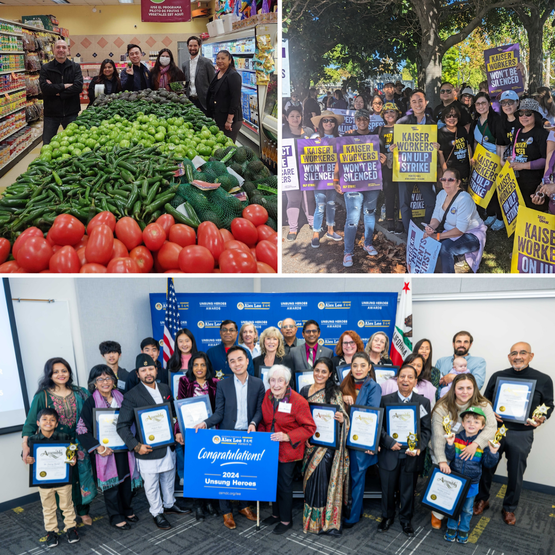 Top left: Visiting a Sante Fe Foods' grocery store, a participating retailer of a successful CalFresh program. Top right: Joining the picket lines of union members from the Coalition of Kaiser Permanente. Bottom: Recognizing our community's unsung heroes.