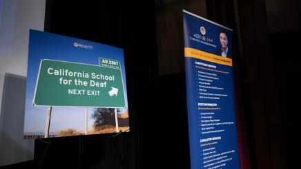 Photo of the graphic and banner of Asm. Lee and his assembly bill